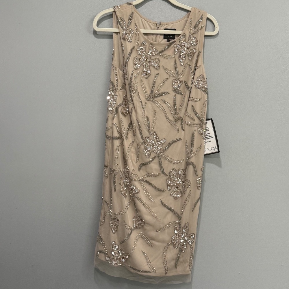Adrianna Papell Champagne Beaded Floral Sequin Sheath Cocktail Dress Womens 14